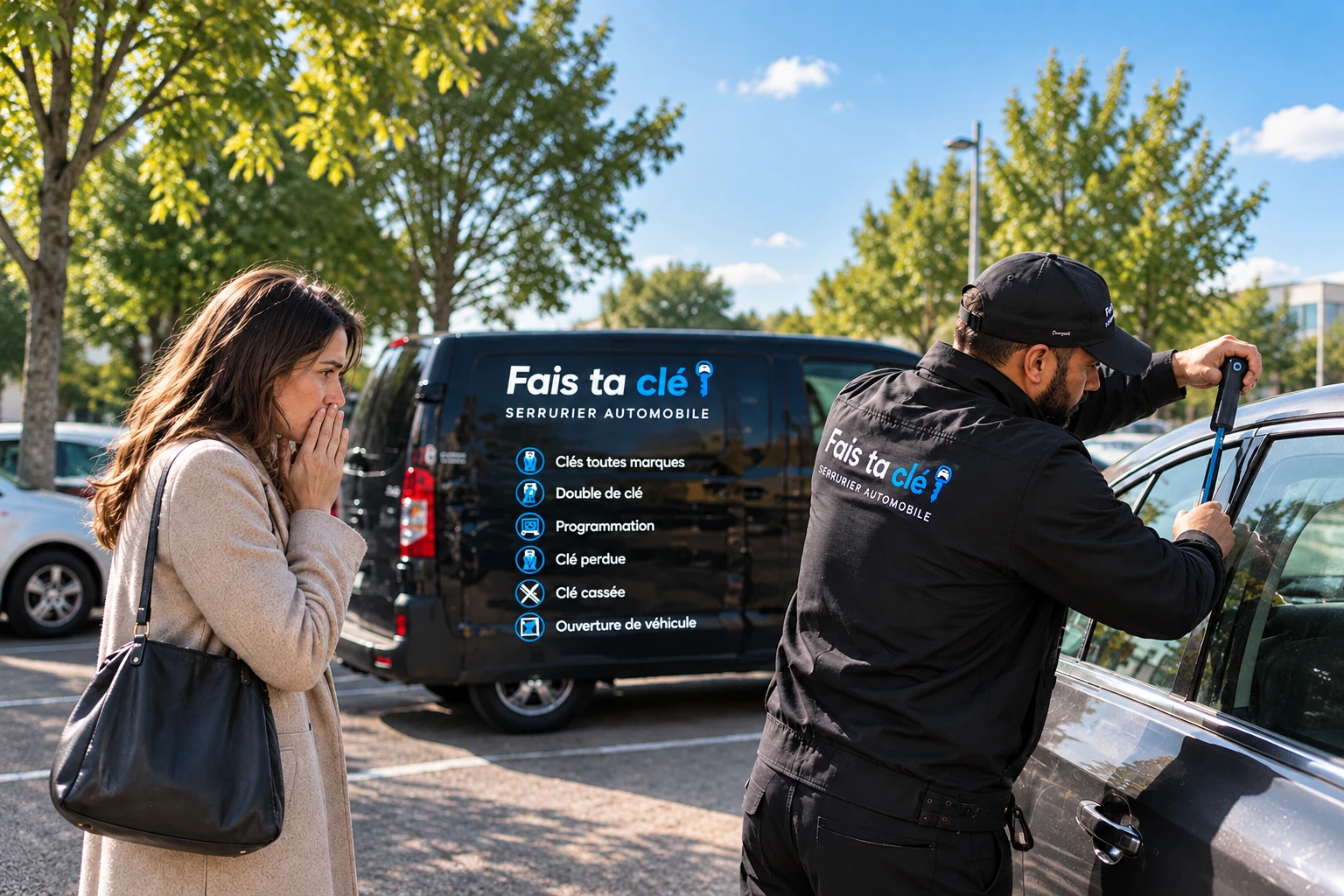 Technicien Fais ta clé intervenant sur un véhicule avec une cliente