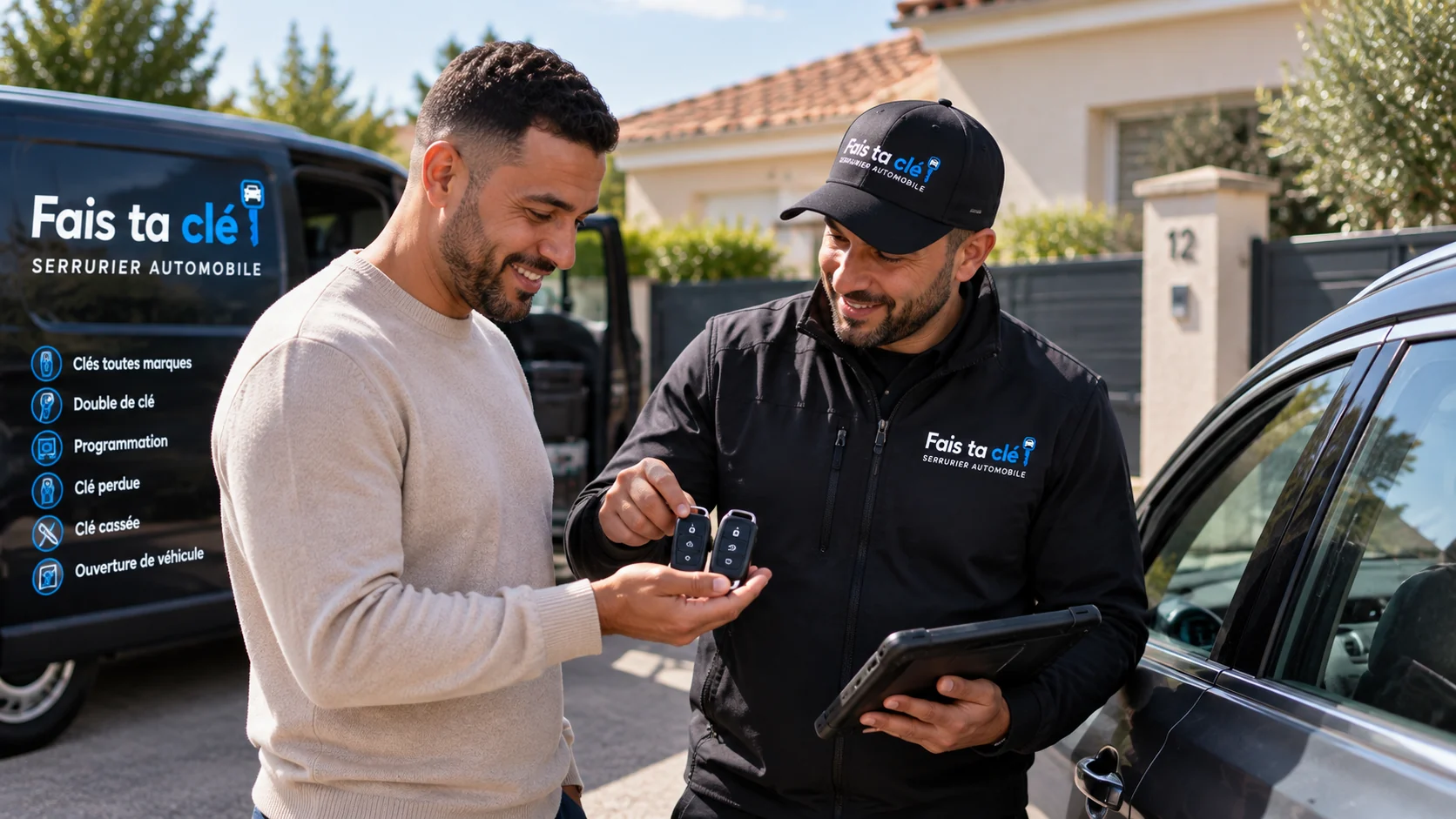 Technicien Fais ta clé présentant un double de clé automobile à un client